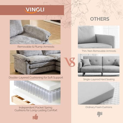 VINGLI 221cm(87인치) 컨버터블 섹션 소파, 거실용 L자형 딥 시트 소파 소파, 작은 공간을 위한 오토만 포함 모던 2인용 2인용 소파 (라이트 그레이) - color: 셔닐 라이트 그레이, size: 2-seaters-1-Ottoman