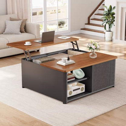 SEDETA 31.5" Lift Top Coffee Table with Storage, Square Coffee Tables for Living Room, Fluted Coffee Table with Large Hidden Storage Compartment and Adjustable Shelves, Fluted Black - color: Fluted Black
