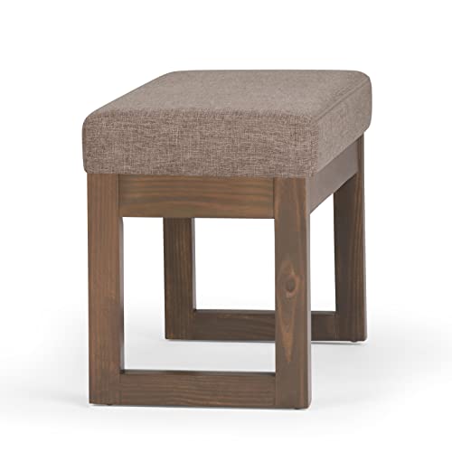 SIMPLIHOME Milltown 27" Wide Linen Look Rectangle Ottoman in Fawn Brown | Contemporary upholstered ottoman with a cushioned seat for extra seating in the bedroom; footstool, footrest or bench. - color: Fawn Brown, style: Small Ottoman Bench