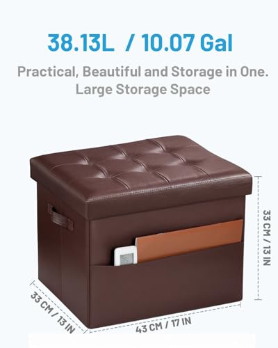 Bsketa Storage Ottoman Bench,17 Inch Folding Leather Foot Rest Stool, Brown | Small Ottoman with Side Pockets, Thicker Foam Padded Seat, Livingroom, Dorm, Bedroom, Easy to install, 43L,17x13x13in - color: Brown-1 Pack