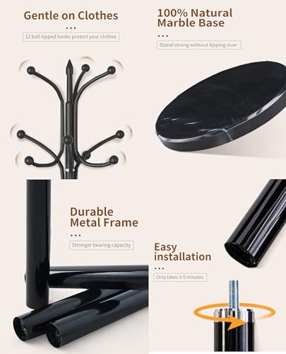 Snaikor Metal Coat Rack Freestanding, Sturdy Coat Rack Stand with Natural Marble Base, Modern Black Coat Racks Tree Hats Hanger Holder Stand for Entryway, Hallway, Office(12 Hooks) - color: Black-12Hooks