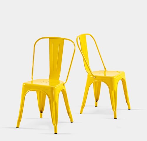 Metal Dining Chairs Set of 2 Daisy Yellow Color | Yellow Industrial Stackable Tolix Chairs Suitable for Indoor Outdoor Dining Room Kitchen Restaurant Cafe - color: Daisy Yellow