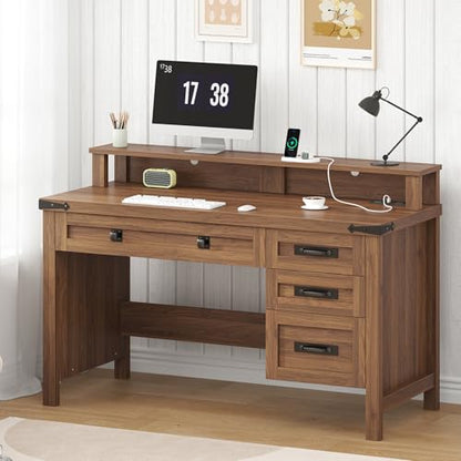 47" Farmhouse Computer Desk with 4 Drawers for Home Office, Bedroom | Executive Desk with Power Outlets, Home Office Desk with Monitor Stand & Drawers, Small Desk Writing Study Table, Brown - color: Brown