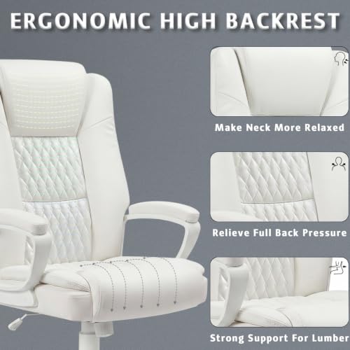 Home Office Executive Desk Chair, High Back PU Leather Chair, Height Adjustable Swivel Computer Chair with Padded Armrest (White) - color: White