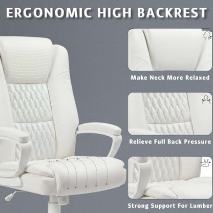 Home Office Executive Desk Chair, High Back PU Leather Chair, Height Adjustable Swivel Computer Chair with Padded Armrest (White) - color: White