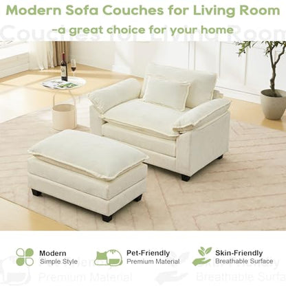53" Modular Sectional Sofa, Comfy Deep Cloud Couch with Ottoman | Couches for Living Room, Sofa Bed, Modular Couch, Deep and Wide Seat, Chenille Sofa Sleeper with Throw Pillows, Beige White - color: Beige White, size: 53 Inch 2