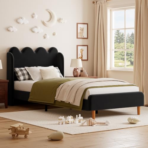 Garvee Twin Bed Frame for Kids, Upholstered Scalloped Wave Tall Headboard, Chenille Wingback Design, Wood Slat Support, No Box Spring Needed, Easy Assembly, Black | Upholstered Scalloped Wave Tall Headboard, Wood Slat Support, No Box Spring Needed, Easy A