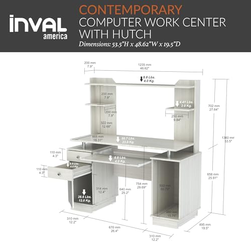 Inval America Computer Work Center with Hutch, Pull-Out Keyboard Tray, Drawers, Desk Workstation, 53.5"H x 48.62"W x 19.5"D, Washed Oak