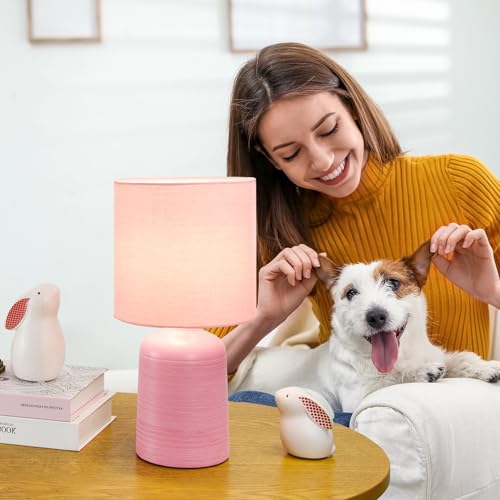 Maye Small Ceramic Table Lamp for Living Room and Bedroom,Modern Kids Night Table Lamp,Φ6.3×H13IN,Bulb Excluded,Pink - color: Pink