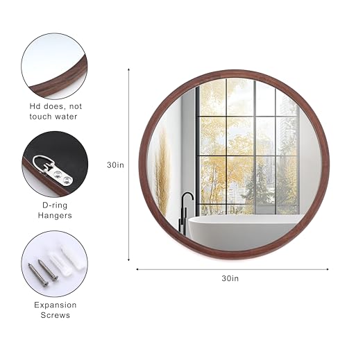 Round Wood Grain Wall Mirror 30" Large Farmhouse Decorative Vanity Mirrors | Tempered Glass Natural Walnut Frame for Bathroom, Entryway, Living Room (Walnut, 30"L x 30"W)