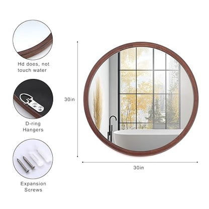Round Wood Grain Wall Mirror 30" Large Farmhouse Decorative Vanity Mirrors | Tempered Glass Natural Walnut Frame for Bathroom, Entryway, Living Room (Walnut, 30"L x 30"W)