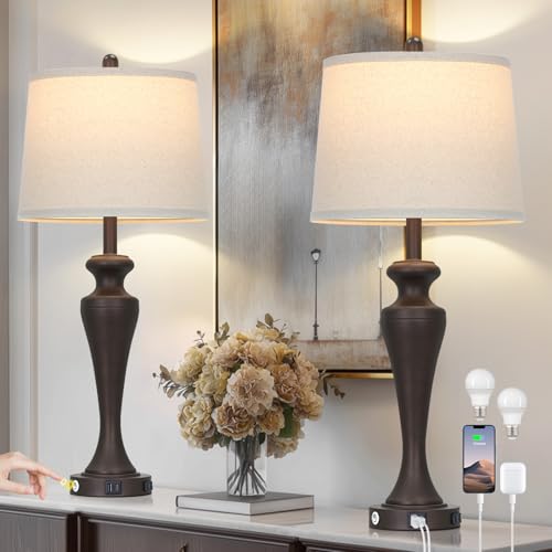 CINSARY 30“ Tall Brown Table Lamps Set of 2, Touch Control Living Room Lamp with USB A+C Ports and AC Outlet, 3-Way Dimmable Bedside Lamps for Nightstand, Modern Metal Bedroom Lamp for End Table - color: Brown (2 Pack)
