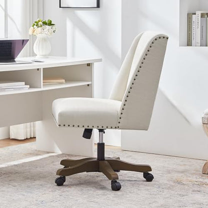 Upholstered Armless Office Chair Fabric Swivel Home Desk Chair with Wheels | Modern Comfy Boho Office Chair with Wooden Legs Adjustable Desk Chair no Arms for Sewing Women Farmhouse Study Studio Beige - color: Beige
