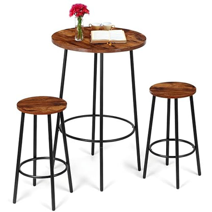 SUPER DEAL Round Pub Dining Set, 3 Piece Small Kitchen Table Set with 2 Counter Height Wood Bar Stools for Kitchen Breakfast, Living Room, Small Space, Rustic Brown