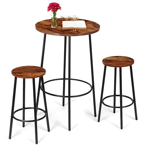 SUPER DEAL Round Pub Dining Set, 3 Piece Small Kitchen Table Set with 2 Counter Height Wood Bar Stools for Kitchen Breakfast, Living Room, Small Space, Rustic Brown