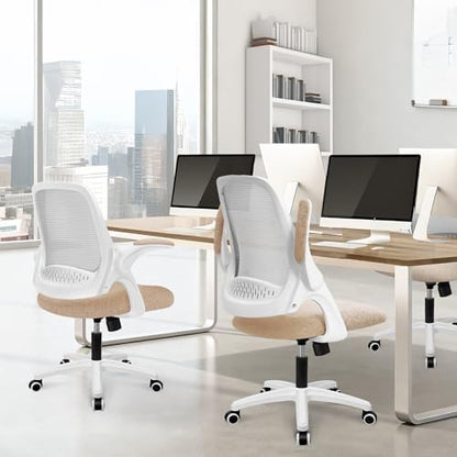 NEO CHAIR Office Desk Chair, Ergonomic Mesh with Flip-Up Armrests, Beige | Lumbar Support, Height Adjustment, 360° Swivel and Rolling Base, Space-Saving Design for Home Office, Vanity or Study - color: Beige