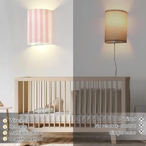 Wall Sconces Set of Two Battery Operated Pink Pattern Cute Wireless Plug in Wall Lights Fixtures Remote Dimmable for Bedroom Living Room Hallway