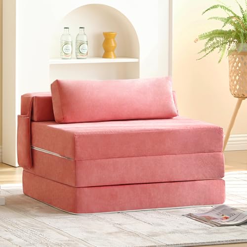 Folding Sofa Bed Chair, 4-Fold Convertible Sleeper Chair with Lumbar Pillow, Washable Cover & Side Pocket, Floor Couch Bed with Raised Seat, Single Size for Small Spaces, Pink - color: Snownylon Pink, size: Single Size