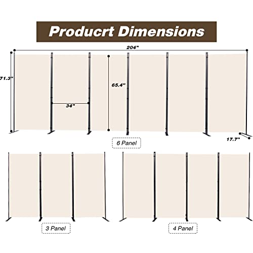 Room Divider, 6 Panel Folding Privacy Screens with Wider Feet, Beige | 204" W X 71" H Room Divider Panel, Stable Frame Structure, Flexible Space Separator, Portable wall divider for Room Partition - color: Beige, size: 34"- 6 Panel