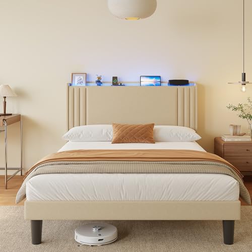 Gizoon Full Bed Frame with Charging Station and LED Lights | Upholstered Wingback Platform Bed with Padded Headboard,Wooden Slats,Noise-Free,No Box Spring Needed, Easy Assembly,Beige - color: Beige+led, size: Full