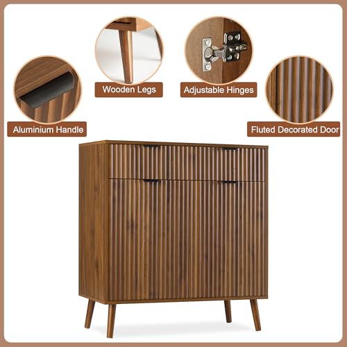 LYNCOHOME Fluted Sideboard Buffet Cabinet with Storage, 1 Drawers and 2 Doors,Solid Wood Feet for Kitchen, Hallway - size: 15.8"D x 31.5"W x 34.7"H