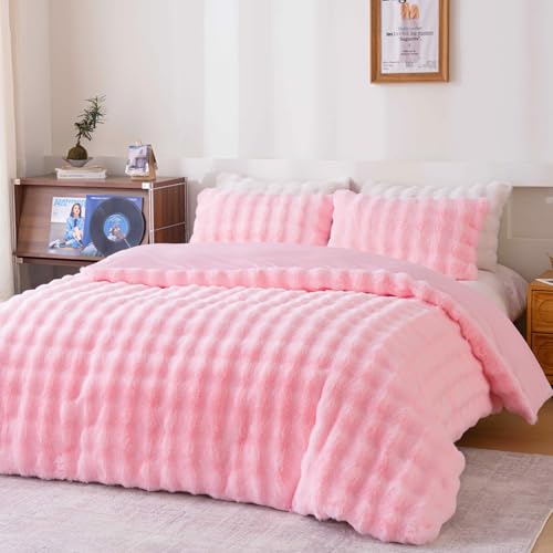 Fluffy Pink Duvet Cover Queen Set, Soft Shaggy Plush Rabbit Bedding Set 3 Pieces (1 Fuzzy Comforter Cover + 2 Faux Fur Pillow Cases) Bed Set, Zipper Closure（Pink, Queen） - color: Pink, size: Queen