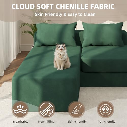 Boneless Sectional Couch, 4 in 1 Convertible Cloud Couch with Reversible Chaise & Deep Seat, Modular Sectional Sofa for Apartment, No Assembly Chenille Foam Couch in a Box, Green - color: Green, size: 89" Convertible Chaise Chenille