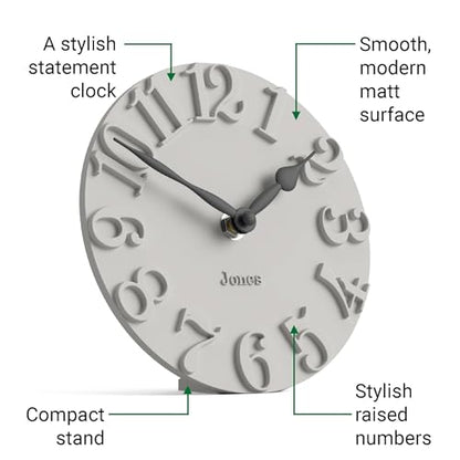 JONES CLOCKS® Hampstead Desk Clock | Freestanding | Pale Gray | Elegant Raised Moulded Numerals | Ideal for Shelf, Mantel, Living Room, Home Office or Bedside - color: Cloud Grey