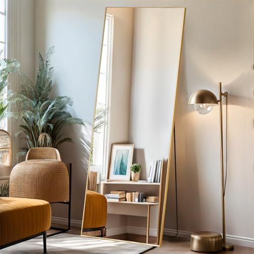 Mirror Full Length, 21"x64" Body Wall Mirrors with Shatter-Proof Glass, Floor Standing, Hanging or Leaning, Large Tall Mirror with Stand Aluminum Alloy Frame for Bedroom Cloakroom - color: Gold, size: 64"L x 21"W, style: Rectangular