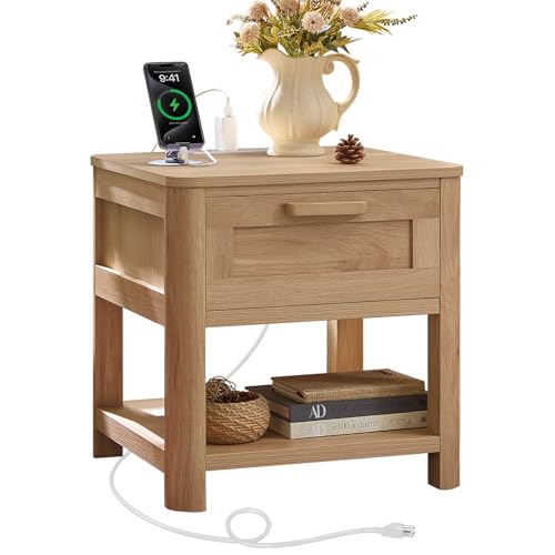 Joaxswe Farmhouse Side Tables Living Room, Natural Wood | Small Nightstand with 1 Drawers & Open Shelving & 4 Thickened Table Legs & Rounded Corners - color: Natural, size: Single