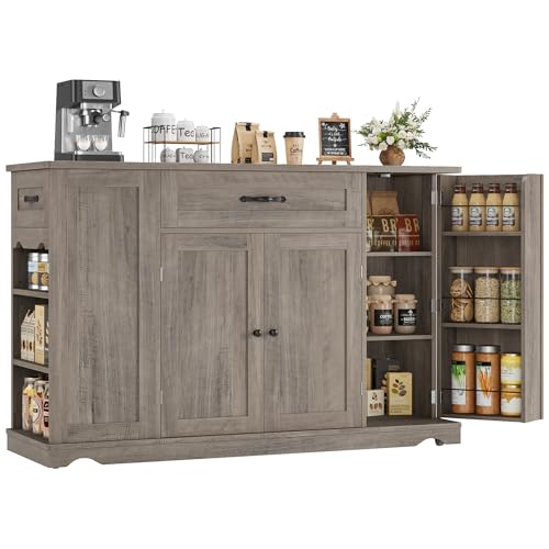 HOSTACK Kitchen Island Cart with Storage, Rolling Island Table, Ash Gray | 47"W Mobile Kitchen Storage Islands on Wheels with 2 Drawers, Adjustable Shelves, Movable Buffet Cabinet for Dining room - style: Ash Gray