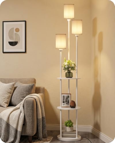 Floor Lamp with Shelves, Modern Floor Lamp with 3 Linen Shades and Foot Switch, 3-Light Standing Lamp, for Living Room, Bedroom, Study, Office, White W53LD05 - color: White