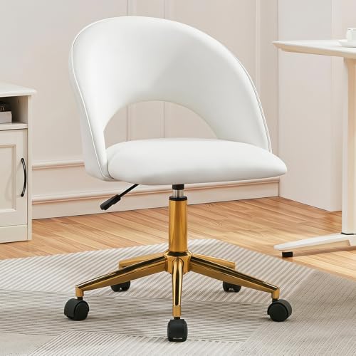 Furnimart Armless Swivel Rolling Desk Chair, Adjustable Faux Leather Vanity Chair with Wheels, Cute Task Chair with Gold Legs for Living Room Bedroom Studying Small Places (PU White) - color: Faux Leather-pu White