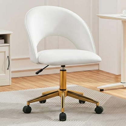 Furnimart Armless Swivel Rolling Desk Chair, Adjustable Faux Leather Vanity Chair with Wheels, Cute Task Chair with Gold Legs for Living Room Bedroom Studying Small Places (PU White) - color: Faux Leather-pu White