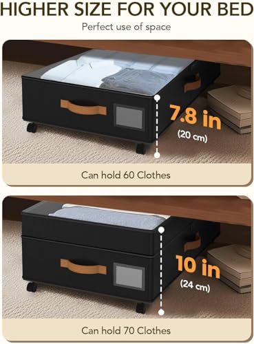 Under Bed Storage with Wheels, 72L XXL Under the Bed Storage Containers Large, 10‘’ Tall Adjustable Storage for Underbed with Lids