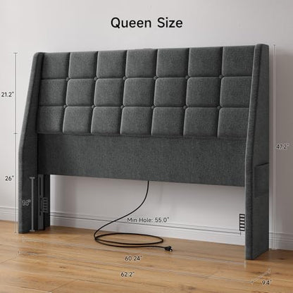 Ergonomic Upholstered Headboard Queen Size w/Charging Station, Linen Wingback Headboards w/Storage Pocket, Queen Headboard Only, Bed Frame Adapters, Sturdy Stable Solid Wood Bed Head Board, Dark Grey - color: Dark Grey, size: Queen