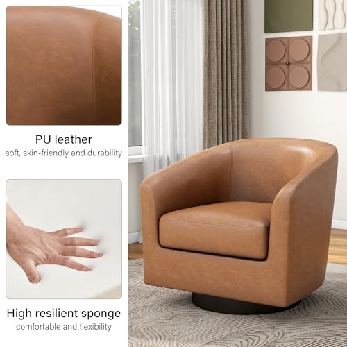 Swivel Barrel Accent Chair, Comfy Reading Armchair, Brown, Set of 2 | Club Chairs for Adults, Low-Back Design, Modern Round Style, Solid Wood Frame & Metal Swivel Base, For Living Room & Bedroom - color: Brown