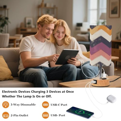 Kigai Colorful Folded Threads Touch Control Bedside Table Lamp 3 Way Dimmable Nightstand Lamp with USB A+C Charging Ports & AC Outlet Fabric Shade for Bedroom Desk Living Room