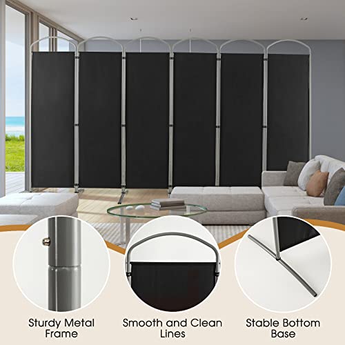 Giantex 1.8m(6.2피트) 접이식 6패널 룸 디바이더 블랙 - 330.2cm(130인치) 너비의 독립형 접이식 패브릭 프라이버시 스크린, 경량 휴대용 파티션 벽 칸막이 및 분리기, 홈 오피스, 아파트, 스튜디오용 - color: 블랙., size: 6-Panel