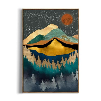 Boho Wall Art for Bedroom - Large Oversize Unframed Rolled Canvas 24x36 Living Room - Modern Boho Moody Room Decor - Texured Metallic Mountain Moon Sun - Emerald Green Marble Golden Nature Tree Forest - size: 24"L x 36"W