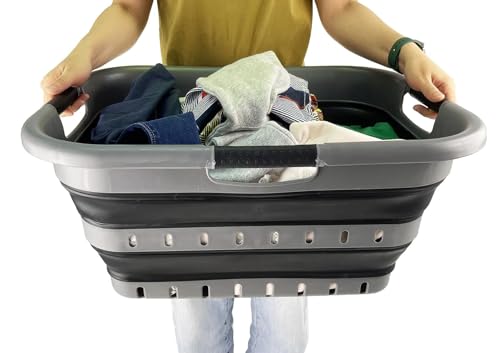 SAMMART Collapsible 3 Handled Plastic Laundry Basket - Foldable Pop Up Storage Container/Organizer - Portable Basket - Space Saving Hamper/Basket (Grey/Black, 3 handled rectangular) - color: Grey/Black