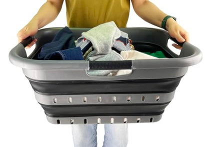 SAMMART Collapsible 3 Handled Plastic Laundry Basket - Foldable Pop Up Storage Container/Organizer - Portable Basket - Space Saving Hamper/Basket (Grey/Black, 3 handled rectangular) - color: Grey/Black