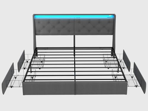 SADENICEL King Size Bed Frame with 4 Storage Drawer, King Bed Frame, Grey | Headboard with Charging Station and LED Lights, Metal Platform Bed with Storage Shelf, Noise Free, No Box Spring Needed - size: King, style: 4 Storage Drawer
