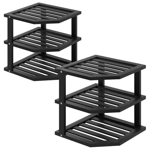 VERTORGAN 3 Tier Bamboo Dish Drying Rack,Corner Shelf 2 Pack(Black) | Pantry Storage,Dish Rack,Spice Rack,Corner Organizer,Kitchen Counter Shelves,Kitchen Storage,Holds Plates - color: Black, size: 2 PC