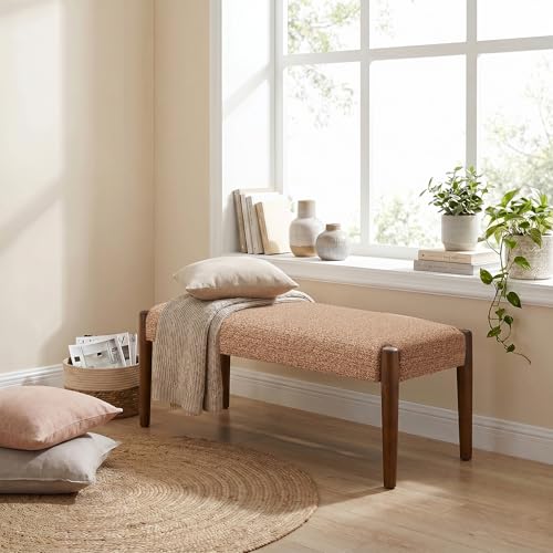 Usaint 42" End of Bed Bench with Wood Legs, Orange with Walnut Leg | Modern Upholstered Bedroom Bench with Rubberwood Legs, Entryway Bench with Cushion, Dining Bench for Living Room, Bedroom - color: Orange With Walnut Leg