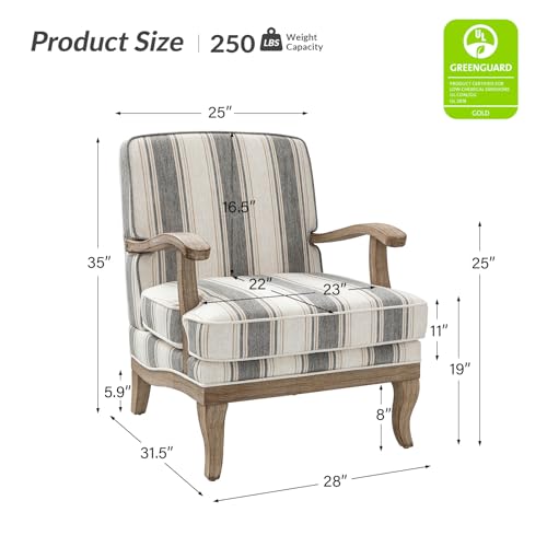 HULALA HOME Farmhouse Striped Accent Chair with Solid Wood Legs, Dark Grey | Comfy Upholstered Patterned Armchair with Curved Armrests, Removable Cushion, for Living Room Bedroom Reading - color: Dark Grey