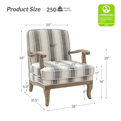 HULALA HOME Farmhouse Striped Accent Chair with Solid Wood Legs, Dark Grey | Comfy Upholstered Patterned Armchair with Curved Armrests, Removable Cushion, for Living Room Bedroom Reading - color: Dark Grey