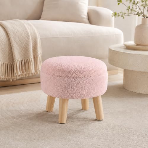 Simple Deluxe 13" Round Storage Ottoman with Wooden Legs & Dual-Use Tray Lid, Fluffy Teddy Boucle Ottoman Footstool for Bedroom, Living Room & Vanity, Pink - color: Pink