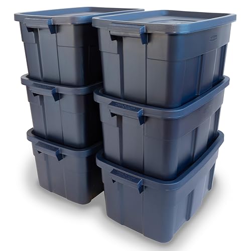 Rubbermaid Roughneck Tote 14 Gal, 6 Pack, Made in USA, Dark Indigo Metallic, Rugged Plastic Stackable Storage Bins with Lids and Handles - size: 14 Gal - 6 Pack