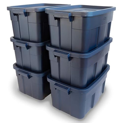 Rubbermaid Roughneck Tote 14 Gal, 6 Pack, Made in USA, Dark Indigo Metallic, Rugged Plastic Stackable Storage Bins with Lids and Handles - size: 14 Gal - 6 Pack